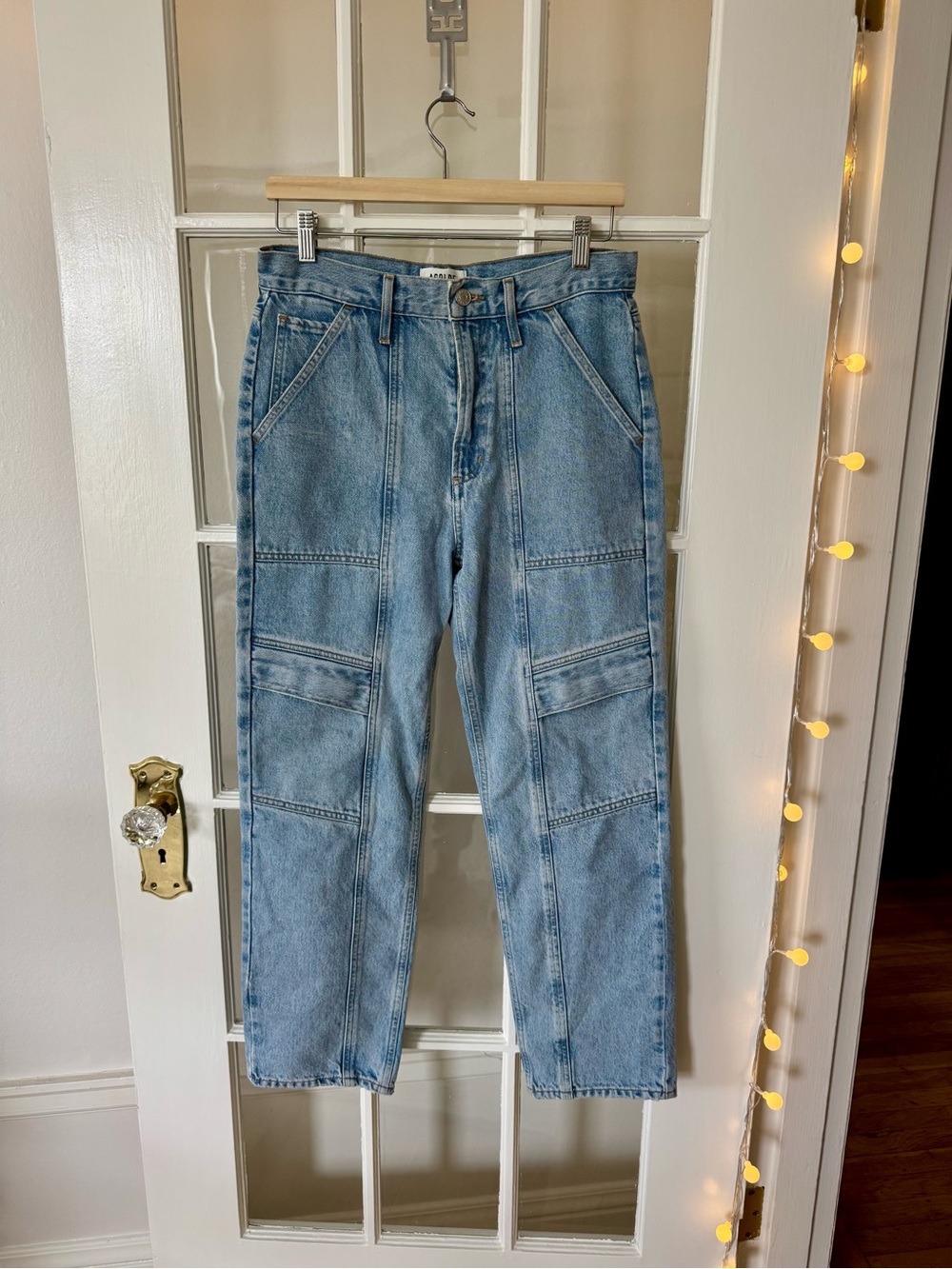 Light Blue Workwear Structured Denim Jeans w Leg Pockets Panel Detailing